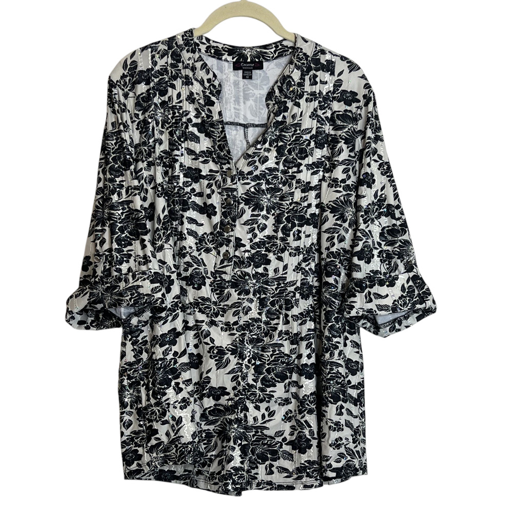 Cocomo Woman Floral Sequin Tunic Top 1X Black White Roll Tab Sleeve